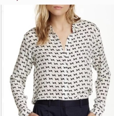 NWOT Theory Aquilas Arrows 100% Silk Ivory Long Sleeve Blouse MRP $275