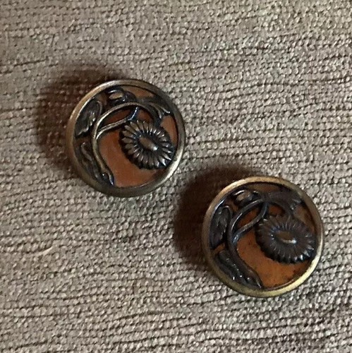 Antique Victorian Flower Metal Picture Buttons~Lot Of 2
