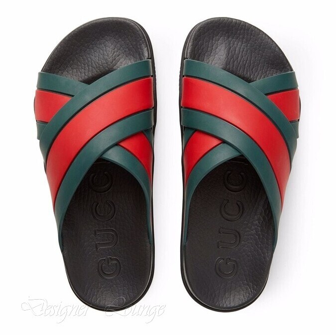 Pre-owned Gucci Women's Web Criss Cross Rubber Slides Sandals Eu 38 / Us 8 Authentic In Green/red/black