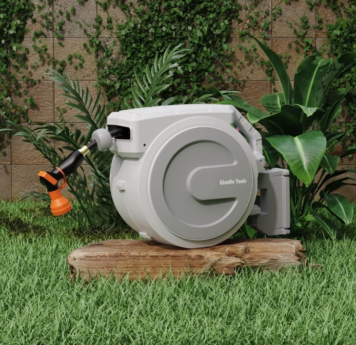 Giraffe Tools Retractable Garden Water Hose Reel Wall Mounted-1/2" x 130 ft
