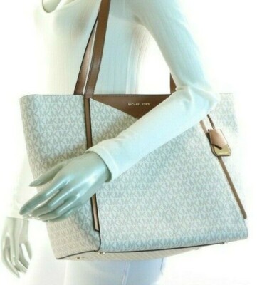 Michael Kors Whitney LARGE Travel Tote Top Zip Leather Logo MK Signature Vanilla