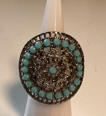 Jewelry Ring Silver Tone Stretch Band  Filigree Blue Acrylic Beads Size 6-10  1''