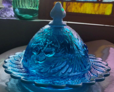 LG Wright THREE CHERRY BLUE Opalescent BUTTER CHEESE DISH & LID MINT RARE