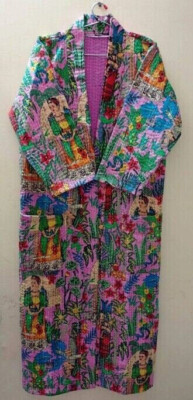 Indian Handmade Kantha Quilt Kimono Robe Floral Print Cotton Winter Gown Dresse