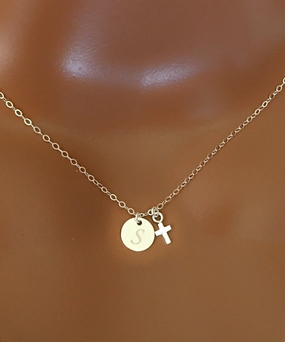 Sterling silver infinity necklace with initial disc and tiny cross, personalized