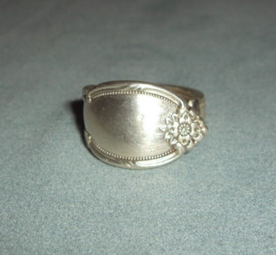 FLORAL FLOWER SPOON RING Handmade Silver Plated Thick Utensil Ring  Size 8