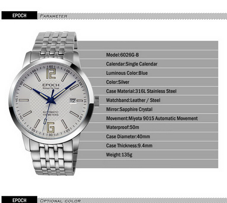 Pre-owned Epoch Men Automatic Watch Luxury Watches Luminous Mechanical Wristwatch 9015