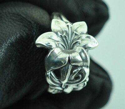 Solid 925 Sterling Silver Lily Flower Floral Adjustable Spoon Ring
