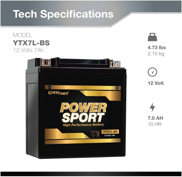 YTX7L-BS 12V 7Ah Battery Replacement for GTX7L-BS, PTX7L-BS, STX7L-BS