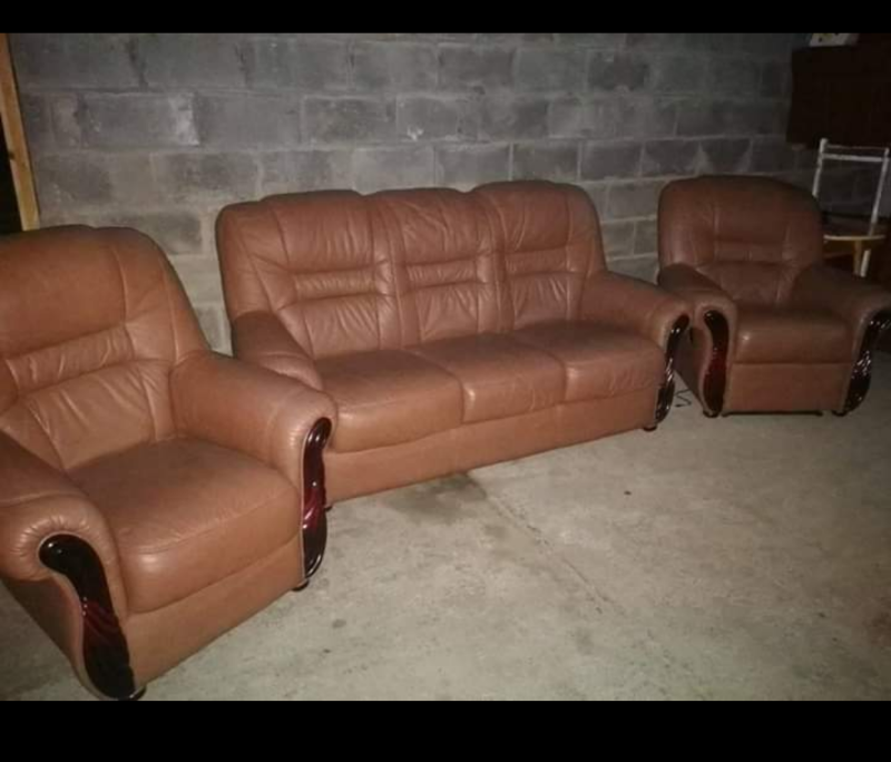 3 piece light brown leather suite sofa includes recliner in Cardenden