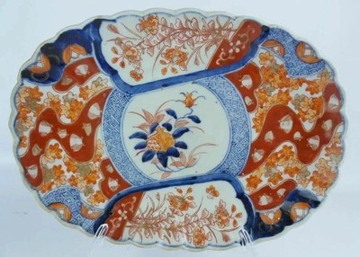 Exquisite 19C Oblong Imari Porcelain Scalloped Edge Bowl Plate