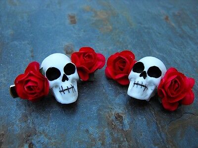 Hair Clips Skull and Red Roses Day of the Dead SET OF 2