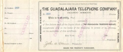 The Guadalajara Telephone Company of Jalisco Mexico 1880 Stock Certificate