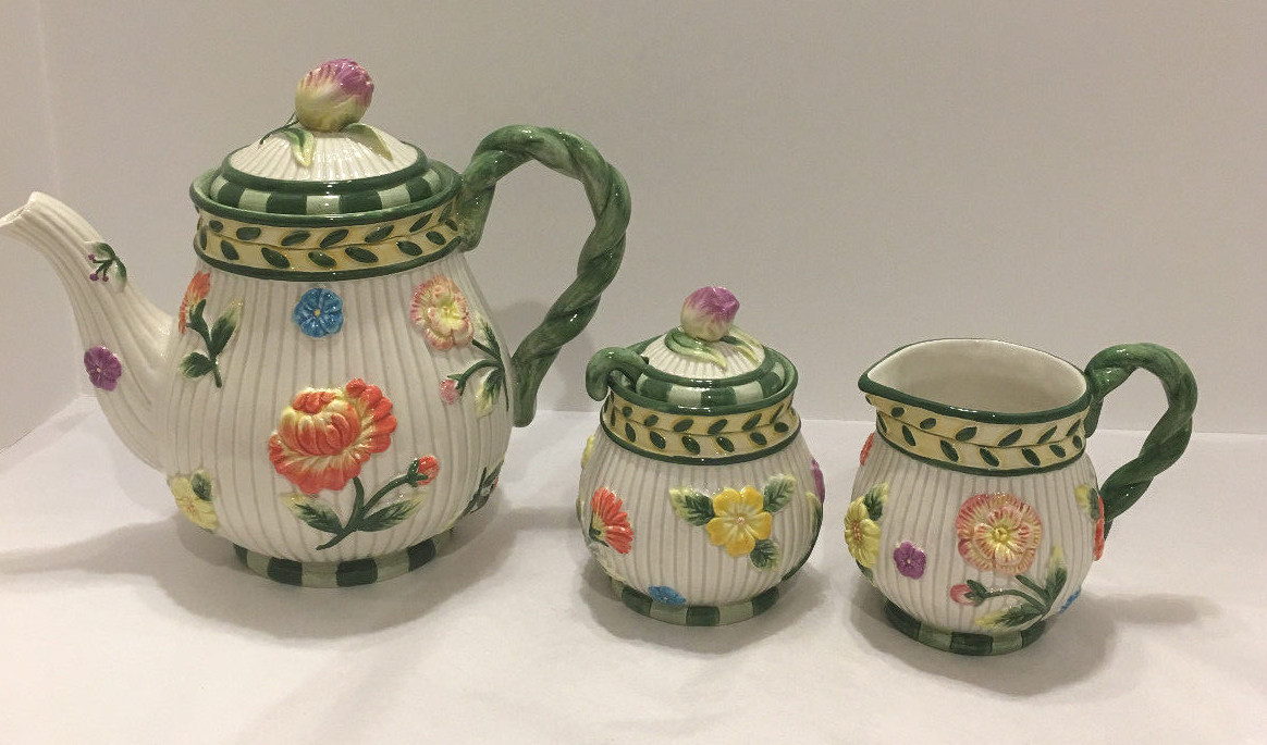 Fitz & Floyd Floral Tea Set- Teapot,Sugar,Lid,Spoon,Creamer-Pre-owned