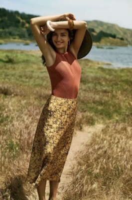 Anthro Current Air Yellow Printed Midi Style Skirt Size L