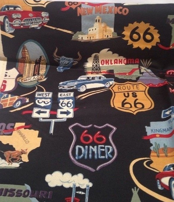 VINTAGE ROUTE 66  Cotton Fabric Cars Trucks Bikes Diners Landmarks