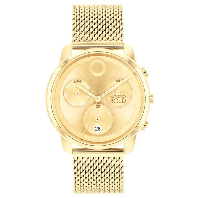 Pre-owned Movado 3601025 Gold Chronograph Dial Gold Stainless Mesh Bracelet Mens Watch