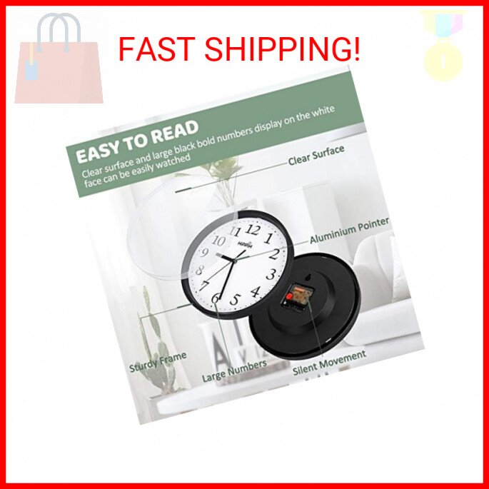 HIPPIH Wall Clock Silent Non Ticking Quality Quartz, 10 Inch Round Easy to Read