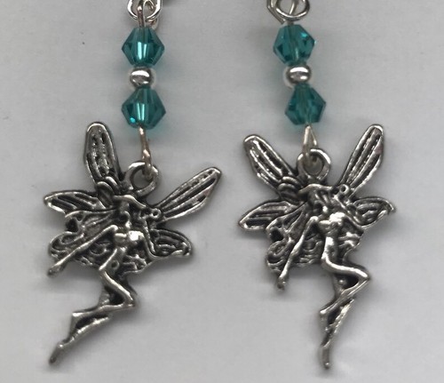 New Fairy Dangle Earrings Teal Blue Bead Accent Silver Plated EarWires