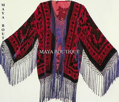 Pre-owned Maya Matazaro Burnout Velvet Silk Fringe Jacket Kimono Red & Navy