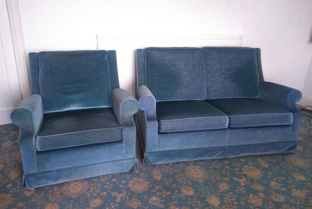 Comfortable Parker Knoll blue velour 2 seater sofa and armchair in