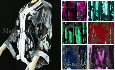 Pre-owned Maya Matazaro Silk Burnout Velvet Jacket Kimono Short Silver Black No Fringe  In Silver Gray & Black