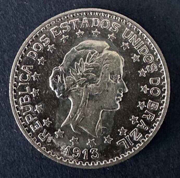 1913 A Brazil 1000 Reis Silver Coin -- Lustrous AU - 1 Yr
