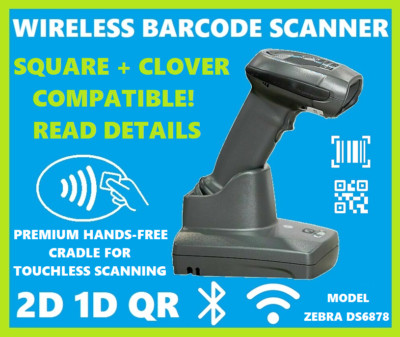 SQUARE & CLOVER POS Wireless 2D/1D/QR Barcode Reader Zebra DS6878 Handsfree!   