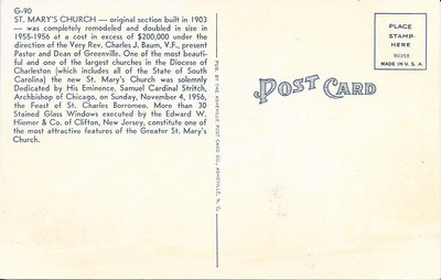 Greenville SC St. Mary's Church West Washington St Postcard #s1303