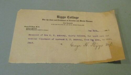 1916 Riggs Cottage Sanitarium Signed Receipt Ijamsville MD Dr. George H. Riggs
