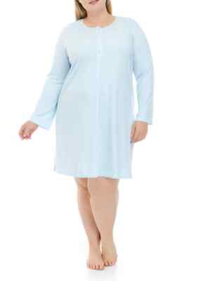 New $72 MISS ELAINE Cuddle Knit Powder Blue Honeycomb Pointelle Nightgown Sz 3X