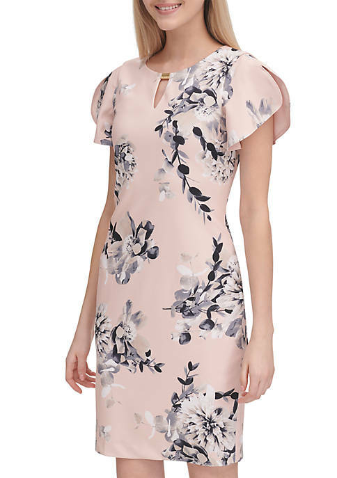 Calvin Klein NWT BLUSH/GREY Платье-футляр с цветочным принтом, размер 6