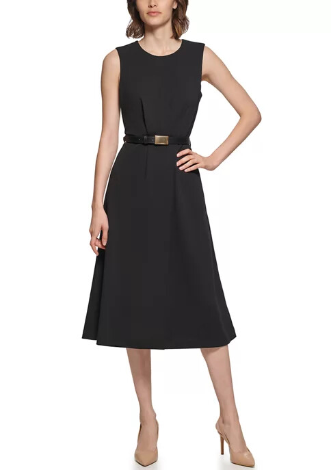 

Calvin Klein NWT Изысканное черное платье миди с поясом и расклешенным силуэтом, размер 2, Черный