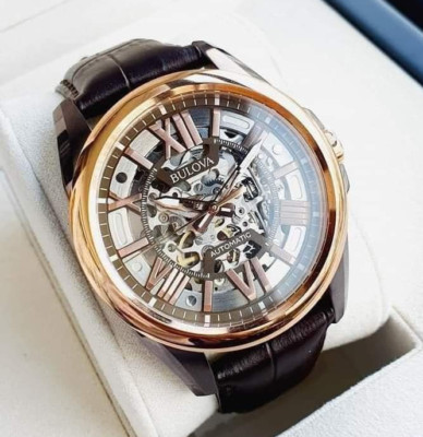Bulova Rose Gold Sutton Automatic Skeleton Dial Leather Band Men's Watch 98A165