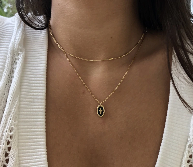 Gold 2 reihig Damen Halskette Kreuz Jesus Cross Anhänger Kreuzkette Halsreifen