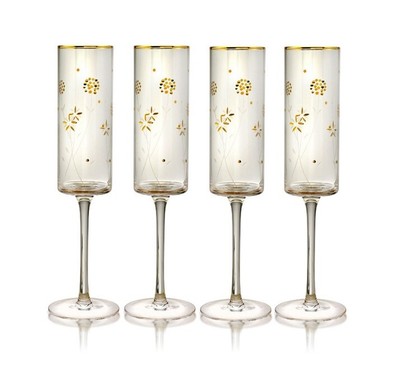 Plum Blossom Gold Accent Champagne Flute 8 oz Glasses, Set of 4 NEW!