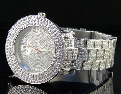 Pre-owned Khronos White Gold Finish Stainless Steel Three Row  Simulated Diamond Watch 53mm