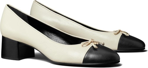 Pre-owned Tory Burch Women Leather Shoes Cap Toe Pumps Light Cream Perfect Black In White