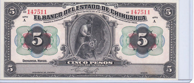 El Banco Del Estado De Chihuahua 5 Pesos Mexico Banknote