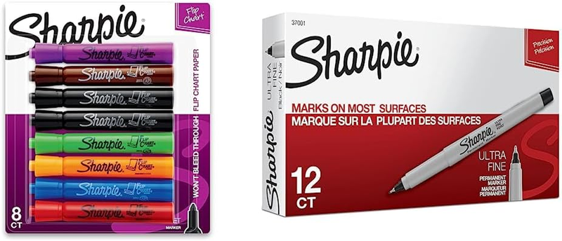 SHARPIE Flip Chart Markers, Bullet Tip, Assorted Colors, 8 Pack  Black, 12 Count