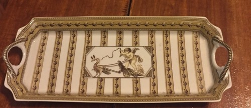 Beautiful Oblong Tray With Design In Center With Handles New