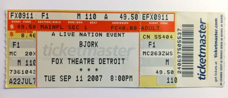 Bjork 2007 Volta Tour Concert Stub Detroit Fox Theatre Main Floor 13th Row