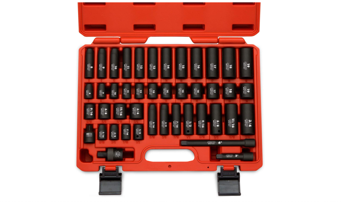 NEIKO 3/8-Inch Impact Socket Set, SAE 5/16"-3/4" & Metric 8-19 mm, 44 Pieces
