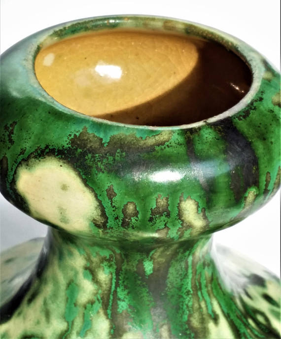 Green Drip Pottery Squat Vase, Vintage Ceramic Mottled Arts & Crafts Pot