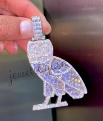 Pre-owned Nsg Men's Owl Shape 3.2ct White Baguette Cubic Zirconia Pendant 925 Silver