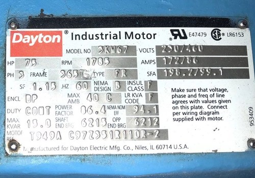 75 HP Dayton Electric Motor, 1785 RPM, 3KW67, 208-230/460, 365TSZ Control Panel