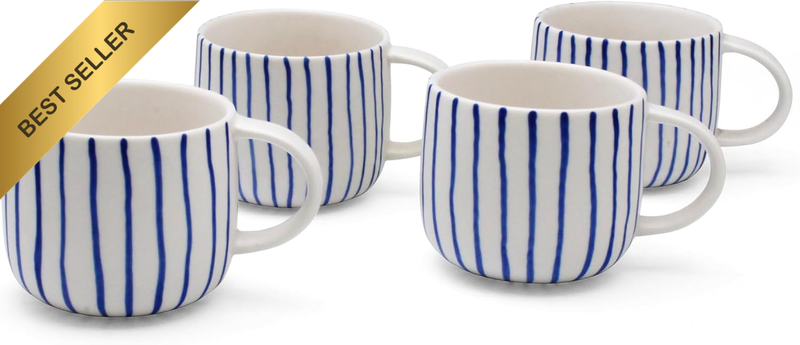 Set of 4 White Porcelain Coffee Mugs with Blue Stripes 11oz