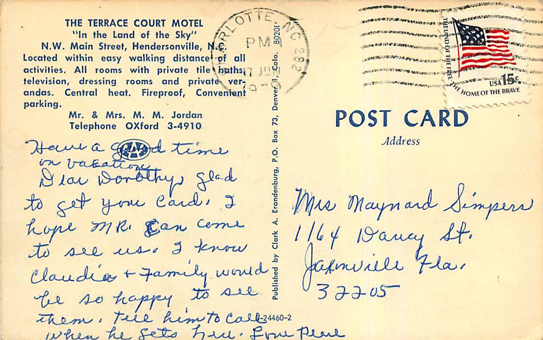 Roadside Postcard The Terrace Court Motel, Hendersonville, North Carolina