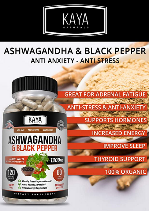 Organic Ashwagandha Capsules 1300mg Supplement w/ Black Pepper Root Powder