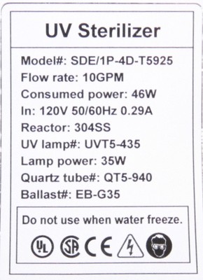 Ultraviolet Home Water Sterilizer,10GPM, 35W, 3/4